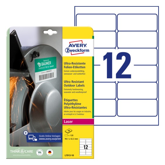 Slika pakiranja s listom naljepnica: Avery Zweckform ultra otporne folijske naljepnice, artikal: L7913-10, format: 99,1 x 42,3 mm, prikladnost za ispis: laserski crno-bijeli, laserski u boji, sadržaj: 120 naljepnica / 10 listova, 12 naljepnica/list.
