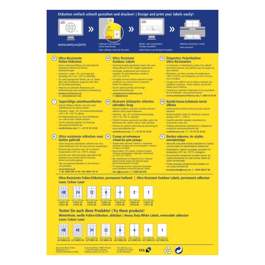 Slika sadrži reklamu na više jezika za ultra-otporne vanjske oznake, s detaljima o njihovim svojstvima, uporabi i specifikacijama proizvoda, kao i kontakt informacijama.