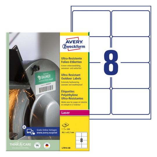 Slika pakiranja s listom naljepnica: Avery Zweckform Ultra-otporne folijske naljepnice, Artikl: L7914-40, Format: 99,1 x 67,7 mm, Prikladnost za pisač: Laser crno-bijeli, kolor laser, Sadržaj: 320 naljepnica / 40 listova, 8 naljepnica/list?