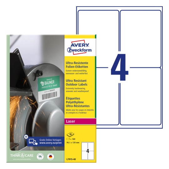 Slika pakiranja s listovima etiketa: Avery Zweckform ultra-otporne folijske etikete, artikal: L7915-40, format: 99,1 x 139 mm, prikladnost za printanje: crno-bijeli laser, laserski u boji, sadržaj: 160 etiketa / 40 listova, 4 etikete / list?