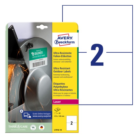 Slika pakiranja s listom naljepnica: Avery Zweckform Ultra-otporne naljepnice od folije, artikal: L7916-10, format: 210 x 148 mm, prikladno za tiskare: crno-bijeli laser, laserski u boji, sadržaj: 20 naljepnica / 10 listova, 2 naljepnice/list?