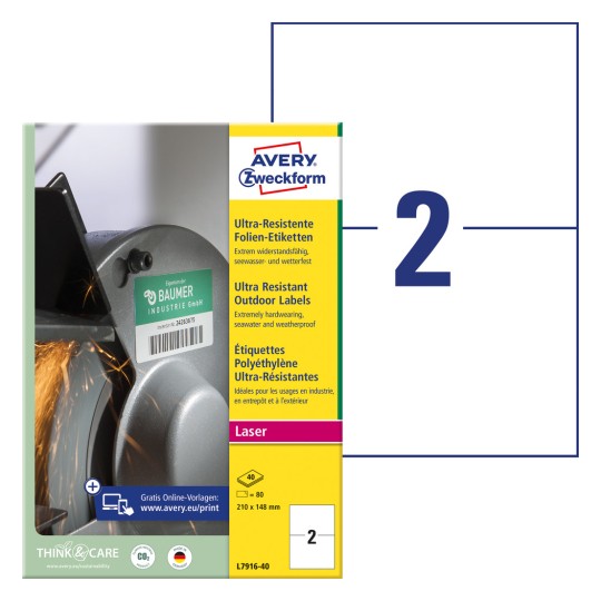 Slika pakiranja s listom naljepnica: Avery Zweckform ultra-otporne folijske naljepnice, Artikl: L7916-40, Format: 210 x 148 mm, Pogodnost za pisač: crno-bijeli laser, laserski u boji, Sadržaj: 80 naljepnica / 40 listova, 2 naljepnice/listu.