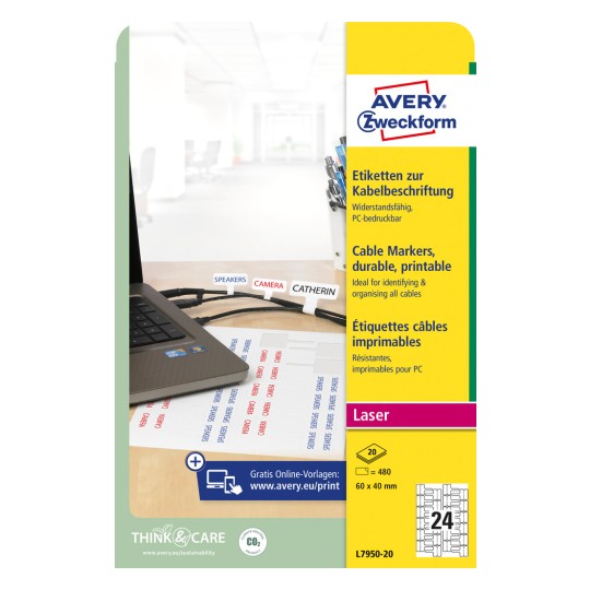 Slika pakiranja: Avery Zweckform naljepnice za kabele, artikl: L7950-20, format: 60 x 40 mm, prikladnost za pisač: crno-bijeli laser, kolor laser, sadržaj: 480 naljepnica / 20 listova, 24 naljepnice/list.