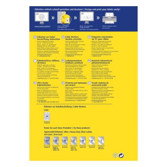 Slika sadrži informacije o raznim vrstama oznaka i naljepnica za kabele. Obuhvaća opise proizvoda na više jezika, ističući njihovu trajnost, otpornost na temperature i savjete za uporabu pri organiziranju kabela u različitim okruženjima. Također postoji dio koji prikazuje specifične veličine naljepnica i kodove za narudžbu.
