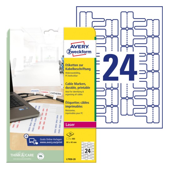 Slika pakiranja s listom naljepnica: Avery Zweckform naljepnice za označavanje kabela, Artikl: L7950-20, Format: 60 x 40 mm, Pogodno za pisač: Crno-bijeli laser, kolor laser, Sadržaj: 480 naljepnica / 20 listova, 24 naljepnice/listu.