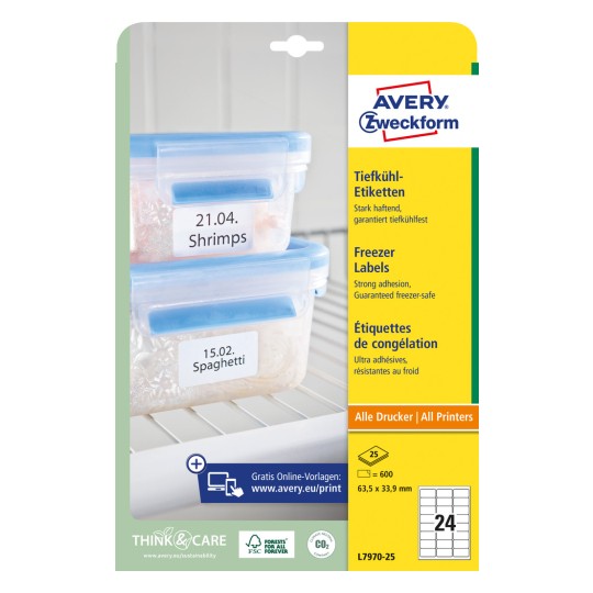 Slika pakiranja: Avery Zweckform etikete za zamrzivač, Artikl: L7970-25, Format: 63,5 x 33,9 mm, Pogodnost za ispis: Inkjet, crno-bijeli laser, laserski u boji, Sadržaj: 600 etiketa / 25 listova, 24 etikete/list.