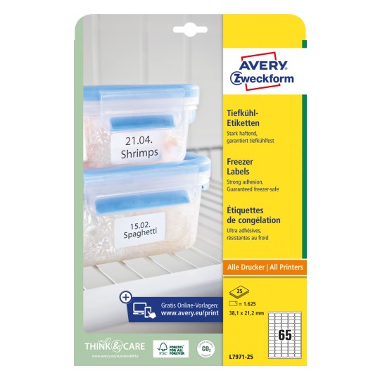 Slika pakiranja: Avery Zweckform etikete za zamrzavanje, Artikl: L7971-25, Format: 38,1 x 21,2 mm, Prikladnost za printer: Inkjet, crno-bijeli laser, kolor laser, Sadržaj: 1.625 etiketa / 25 listova, 65 etiketa/listu