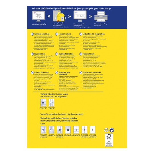 Slika prikazuje razne naljepnice, uključujući naljepnice za zamrzivače, s detaljima o njihovim specifikacijama, temperaturama primjene i mogućnostima tiska. Uključuje naljepnice na više jezika i navodi korisne savjete za optimalnu upotrebu.