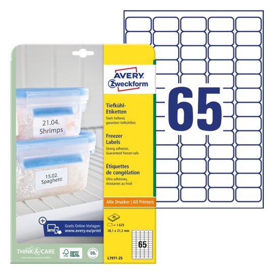 Ambalaža s listom etiketa: Avery Zweckform etikete za zamrzivač, artikal: L7971-25, format: 38,1 x 21,2 mm, prikladno za pisač: Inkjet, Laser crno/bijelo, Farbni laser, sadržaj: 1.625 etiketa / 25 listova, 65 etiketa po listu.