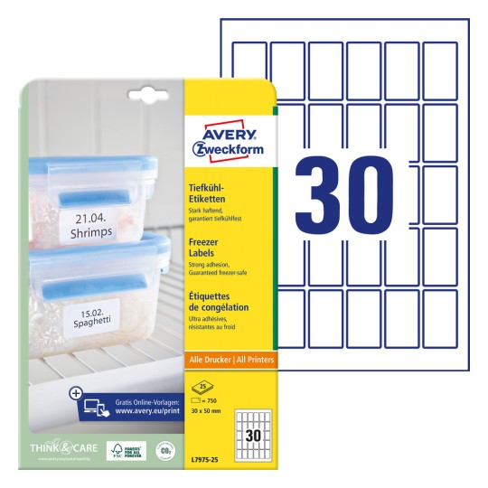 Slika pakiranja s listom naljepnica: Avery Zweckform naljepnice za zamrzavanje, artikal: L7975-25, format: 30 x 50 mm, prikladnost za tisak: inkjet, laserski crno/bijeli, kolor laser, sadržaj: 750 naljepnica / 25 listova, 30 naljepnica/listu.