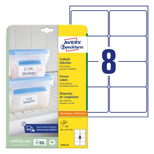 Pakiranje s naljepnicama: Avery Zweckform Tiefkühl-naljepnice, Artikl: L7976-25, Format: 99,1 x 67,7 mm, Pogodno za ispis: Inkjet, Laser crno-bijeli, Farbni laser, Sadržaj: 200 naljepnica / 25 listova, 8 naljepnica/list?