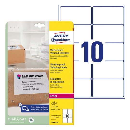 Slika pakiranja s listom naljepnica: Avery Zweckform naljepnice za otpremu, artikl: L7992-25, format: 99,1 x 57 mm, pogodnost za ispis: crno-bijeli laser, laserski pisač u boji, sadržaj: 250 naljepnica / 25 listova, 10 naljepnica po listu.