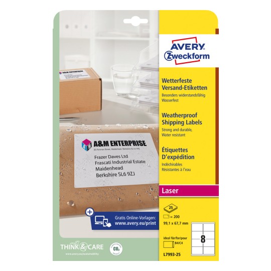 Slika na ambalaži: Avery Zweckform otporne na vremenske uvjete etikete za slanje, artikl: L7993-25, format: 99,1 x 67,7 mm, prikladno za ispis: crno-bijeli laserski, laserski u boji, sadržaj: 200 etiketa / 25 listova, 8 etiketa/list.