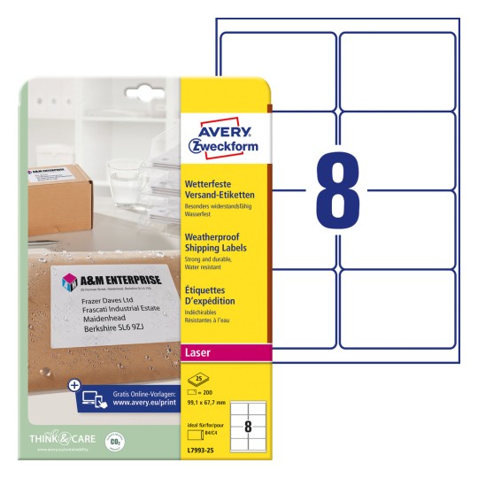 Slika pakiranja s listom etiketa: Avery Zweckform poštanske etikete, artikl: L7993-25, format: 99,1 x 67,7 mm, prikladnost za ispis: crno-bijeli laser, laserski u boji, sadržaj: 200 etiketa / 25 listova, 8 etiketa/list.