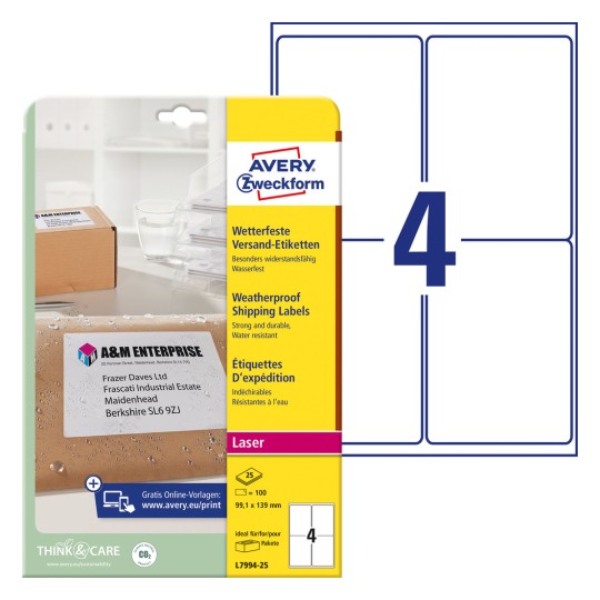Slika pakiranja s arkom naljepnica: Avery Zweckform naljepnice za slanje, artikl: L7994-25, format: 99,1 x 139 mm, prikladno za ispisače: crno-bijeli laser, laserski kolor, sadržaj: 100 naljepnica / 25 araka, 4 naljepnice/ark.