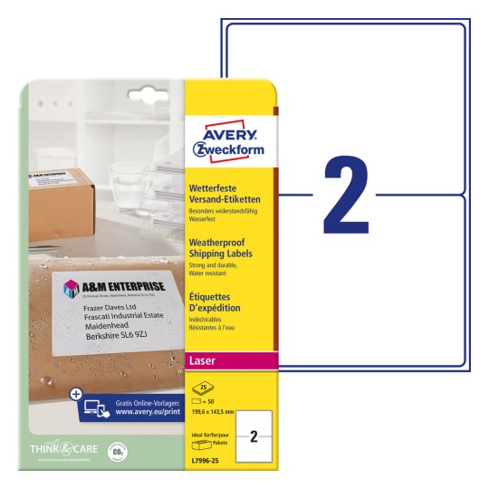Slika pakiranja s listom naljepnica: Avery Zweckform dostavne naljepnice, Artikl: L7996-25, Format: 199,6 x 143,5 mm, Pogodno za pisač: Laser crno-bijeli, Laserski u boji, Sadržaj: 50 naljepnica / 25 listova, 2 naljepnice/list?