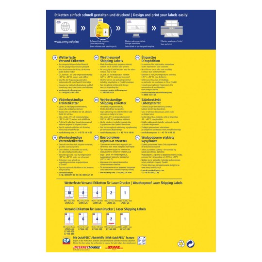 Slika prikazuje višejezični oglas za vremenski otporne naljepnice za slanje prikladne za laserske pisače, prikazujući razne detalje o proizvodu, veličine i upute za korištenje.