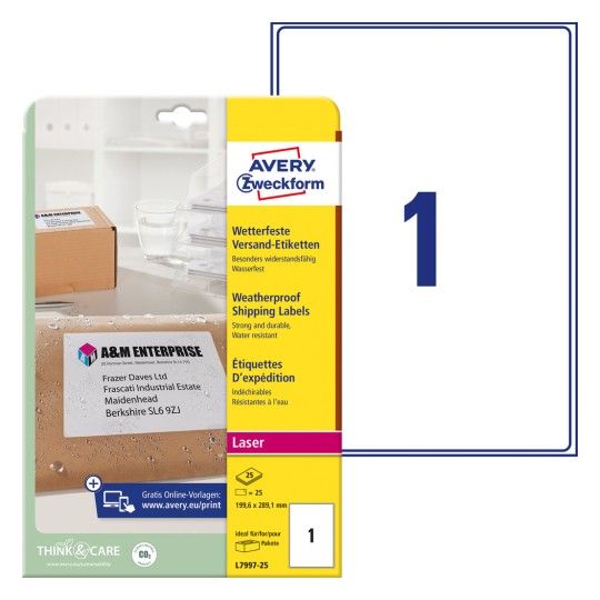 Slika paketa s arkom naljepnica: Avery Zweckform poštanske naljepnice, artikal: L7997-25, format: 199,6 x 289,1 mm, prikladnost za ispis: laserski crno-bijeli, kolor laser, sadržaj: 25 naljepnica / 25 listova, 1 naljepnica/list?