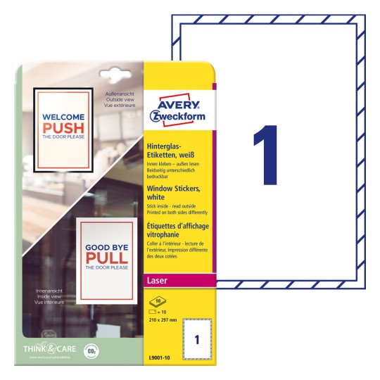 Slika pakiranja s listom naljepnica: Avery Zweckform naljepnice za staklo, Artikl: L9001-10, Format: 210 x 297 mm, Pogodno za print: Crno-bijeli laser, kolor laser, Sadržaj: 10 naljepnica / 10 listova, 1 naljepnica/list?