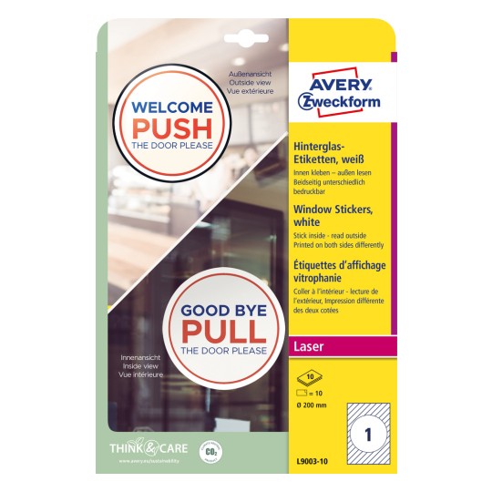 Slika pakiranja: Avery Zweckform naljepnice za stražnju stranu stakla, artikl: L9003-10, format: ⌀ 200 mm, prikladno za ispis: crno-bijeli laser, laserski u boji, sadržaj: 10 naljepnica / 10 listova, 1 naljepnica/ list?