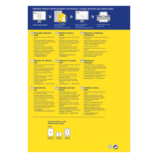 Slika sadrži informacije o dizajnu naljepnica i mogućnostima ispisa od Averyja, uključujući smjernice za naljepnice za prozore i druge proizvode s naljepnicama na više jezika.