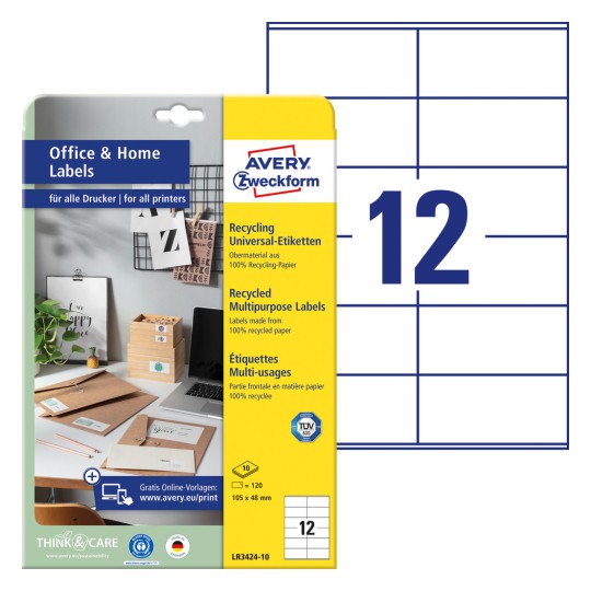 Slika pakiranja s arkusom etiketa: Avery Zweckform reciklirane etikete, Home Office, malo pakiranje, artikl: LR3424-10, format: 105 x 48 mm, pogodnost za pisač: Inkjet, crno/bijeli laser, laserski pisač u boji, sadržaj: 120 etiketa / 10 listova, 12 etiketa/list?