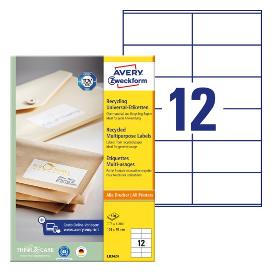 Slika pakiranja s listom naljepnica: Avery Zweckform Recycling Univerzalne naljepnice, Artikl: LR3424, Format: 105 x 48 mm, Pogodno za ispis: Inkjet, crno-bijeli laser, kolor laser, Sadržaj: 1.200 naljepnica / 100 listova, 12 naljepnica/list?