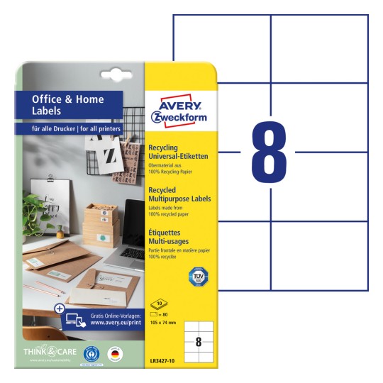 Slika pakiranja s listovima naljepnica: Avery Zweckform reciklirajuće univerzalne naljepnice, artikal: LR3427-10, format: 105 x 74 mm, prikladno za pisač: inkjet, crno-bijeli laser, laserski u boji, sadrži: 80 naljepnica / 10 listova, 8 naljepnica/ list?