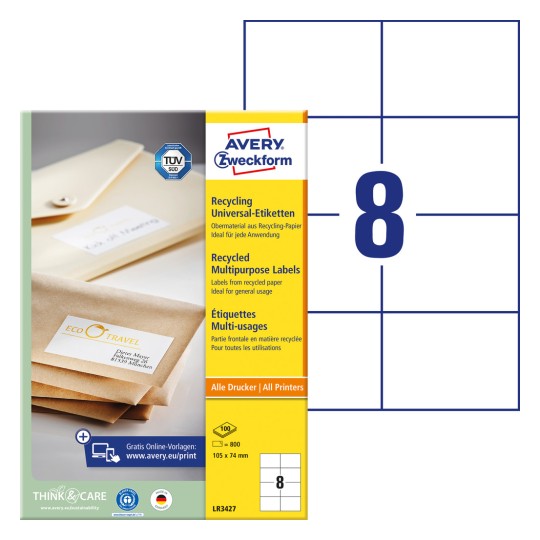 Slika pakiranja s listovima naljepnica: Avery Zweckform reciklirajuće univerzalne naljepnice, artikal: LR3427, format: 105 x 74 mm, pogodnost za ispis: Inkjet, laserski crno-bijeli, laserski u boji, sadržaj: 800 naljepnica / 100 listova, 8 naljepnica/list.