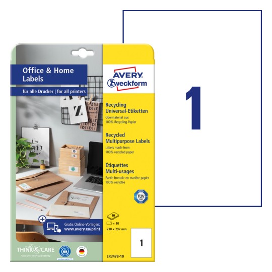 Slika pakiranja s arkom naljepnica: Avery Zweckform reciklirane naljepnice, Kućni ured, Malo pakiranje, Artikl: LR3478-10, Format: 210 x 297 mm, Pogodno za ispis: inkjet, laserski crno-bijeli, laserski u boji, Sadržaj: 10 naljepnica / 10 listova, 1 naljepnica/list?