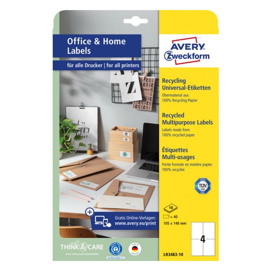 Slika ambalaže: Avery Zweckform reciklirane univerzalne etikete, Artikl: LR3483-10, Format: 105 x 148 mm, Pogodno za: Inkjet, crno-bijeli laser, kolor laser, Sadržaj: 40 etiketa / 10 listova, 4 etikete/list?