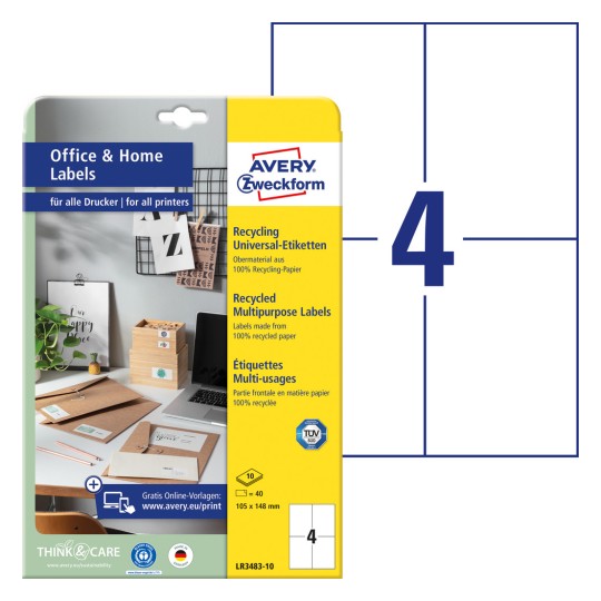 Slika pakiranja s listom naljepnica: Avery Zweckform reciklirane naljepnice, kućni ured, malo pakiranje, artikl: LR3483-10, format: 105 x 148 mm, prikladnost za ispis: inkjet pisač, crno-bijeli laserski pisač, laserski pisač u boji, sadržaj: 40 naljepnica / 10 listova, 4 naljepnice po listu.