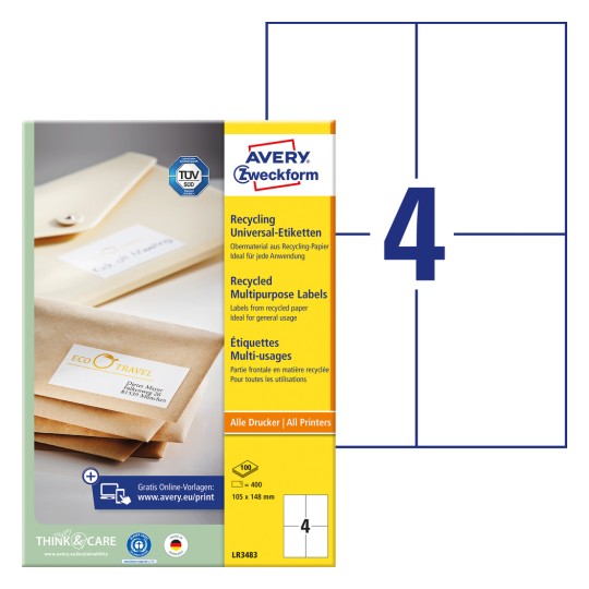 Slika pakiranja s listom naljepnica: Avery Zweckform reciklirajuće univerzalne naljepnice, artikl: LR3483, format: 105 x 148 mm, prikladnost za ispis: Inkjet, laserski crno/bijelo, laserski u boji, sadržaj: 400 naljepnica / 100 listova, 4 naljepnice/list?