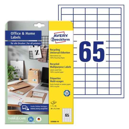 Pakiranje sa listom etiketa: Avery Zweckform etikete za reciklažu, kućni ured, malo pakiranje, artikl: LR3666-10, format: 38 x 21,2 mm, prikladno za tisak: inkjet, crno-bijeli laser, laserski u boji, sadržaj: 650 etiketa / 10 listova, 65 etiketa/ list?