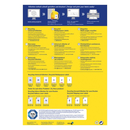 Slika sadrži informacije o recikliranim etiketama koje nudi Avery, uključujući pojedinosti o specifikacijama proizvoda, smjernicama za ispis i kontakte za podršku na više jezika.