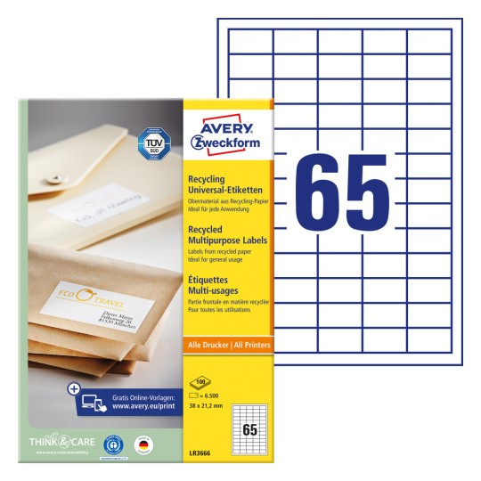 Pakiranje sa listom naljepnica: Avery Zweckform reciklirane univerzalne naljepnice, Artikl: LR3666, Format: 38 x 21,2 mm, Pogodnost za ispis: Inkjet, crno/bijeli laser, kolor laser, Sadržaj: 6.500 naljepnica / 100 listova, 65 naljepnica/list?