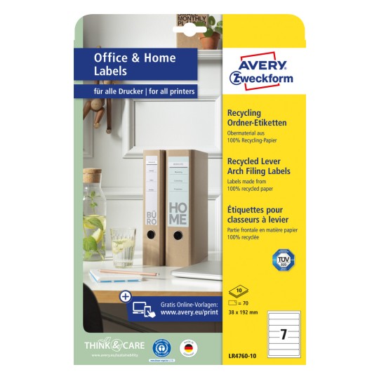 Slika pakiranja: Avery Zweckform Recycling naljepnice za registratore, Članak: LR4760-10, Format: 38 x 192 mm, Pogodno za ispis: Inkjet, laserski pisač crno-bijeli, laserski pisač u boji, Sadržaj: 70 naljepnica / 10 listova, 7 naljepnica po listu