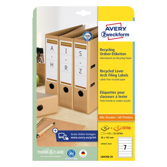 Slika pakiranja: Avery Zweckform reciklirane etikete za registratore, Artikl: LR4760-25, Format: 38 x 192 mm, Pogodno za pisače: Inkjet, crno-bijeli laser, laserski u boji, Sadržaj: 210 etiketa / 30 listova, 7 etiketa/ list?