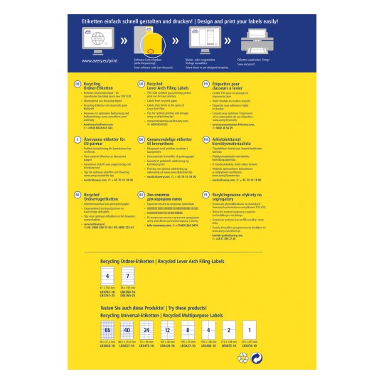 Ova slika prikazuje različite naljepnice za dizajniranje i tiskanje, naglašavajući mogućnosti recikliranja i specifikacije na različitim jezicima.