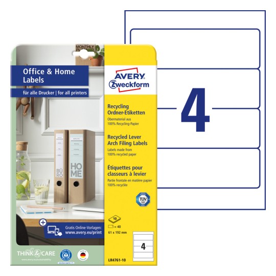 Slika pakiranja s listom naljepnica: Avery Zweckform Reciklirane naljepnice za mape, Kućni ured, Malo pakiranje, Artikal: LR4761-10, Format: 61 x 192 mm, Pogodnost za ispis: Inkjet, crno-bijeli laser, laserski pisač u boji, Sadržaj: 40 naljepnica / 10 listova, 4 naljepnice/list?