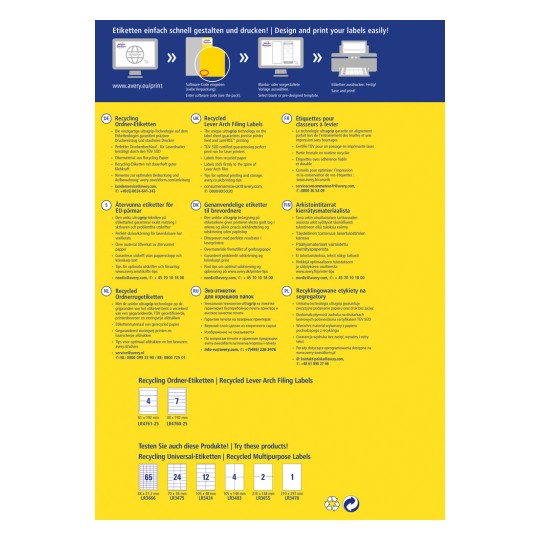 Slika je promotivna brošura za Averyjeve reciklirane naljepnice za registratore s polugama. Uključuje opise naljepnica, prednosti korištenja recikliranih materijala te razne jezike, uključujući njemački, engleski, francuski, finski, ruski i poljski. Također su navedeni kontakt podaci i upute za dizajniranje i ispis naljepnica.