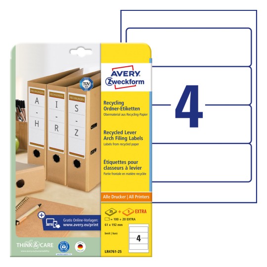 Slika pakiranja s listovima naljepnica: Avery Zweckform reciklirane naljepnice za registratore, Artikl: LR4761-25, Format: 61 x 192 mm, Pogodnost za ispis: Inkjet, laserski crno/bijeli, laserski u boji, Sadržaj: 120 naljepnica / 30 listova, 4 naljepnice/list?