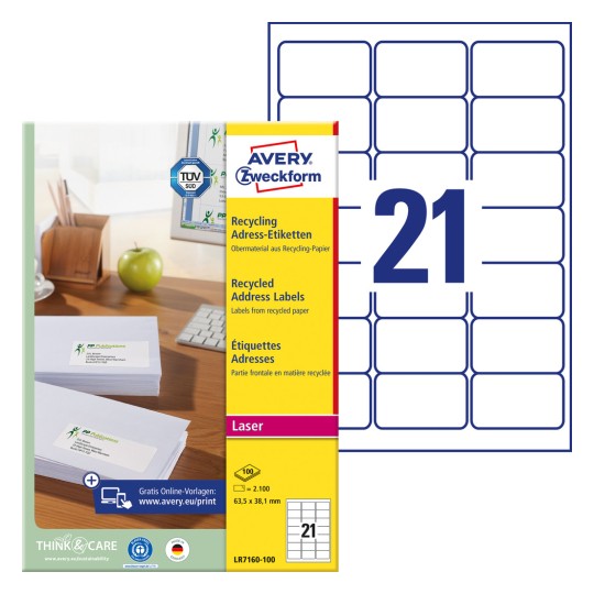 Slika pakiranja s listom za naljepnice: Avery Zweckform reciklirajuće adresne naljepnice, artikl: LR7160-100, format: 63,5 x 38,1 mm, prikladnost za ispis: crno-bijeli laser, kolor laser, sadržaj: 2.100 naljepnica / 100 listova, 21 naljepnica/listu.