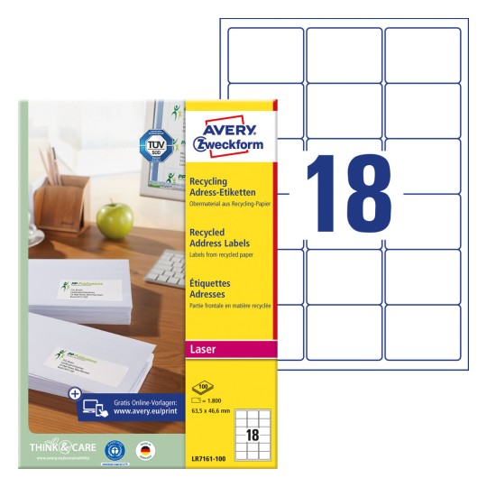 Ilustracija pakiranja s listom naljepnica: Avery Zweckform Reciklirane Adresne Naljepnice, Artikl: LR7161-100, Format: 63,5 x 46,6 mm, Pogodnost za ispis: Crno-bijeli laser, laserski pisač u boji, Sadržaj: 1.800 naljepnica / 100 listova, 18 naljepnica/list?
