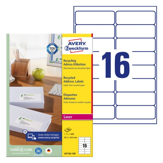 Slika pakiranja s listom naljepnica: Avery Zweckform reciklirajuće adresne naljepnice, Artikl: LR7162-100, Format: 99,1 x 33,9 mm, Pogodno za ispis: crno-bijeli laserski pisač, laserski pisač u boji, Sadržaj: 1.600 naljepnica / 100 listova, 16 naljepnica/ listu.