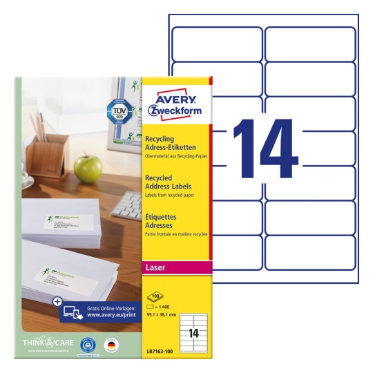 Pakiranje sa listovima naljepnica: Avery Zweckform reciklirane adresne naljepnice, artikl: LR7163-100, format: 99,1 x 38,1 mm, prikladno za: crno-bijele laserske pisače, kolor laserske pisače, sadržaj: 1.400 naljepnica / 100 listova, 14 naljepnica po listu.
