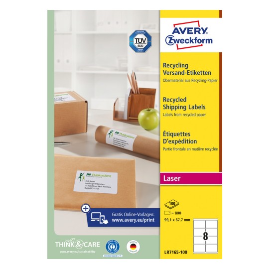 Pakiranje: Avery Zweckform reciklirajuće poštanske naljepnice, Artikl: LR7165-100, Format: 99,1 x 67,7 mm, Pogodno za ispis: crno-bijeli laser, kolor laser, Sadržaj: 800 naljepnica / 100 listova, 8 naljepnica/po listu.