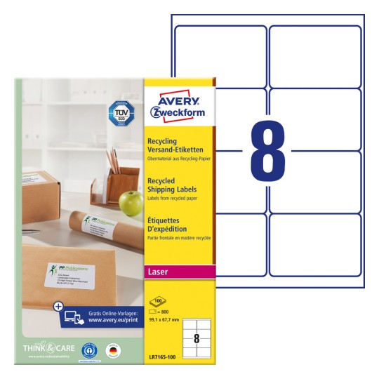 Pakiranje s listom naljepnica: Avery Zweckform reciklirane naljepnice za slanje, Artikl: LR7165-100, Format: 99,1 x 67,7 mm, Pogodno za pisače: crno-bijeli laser, kolor laser, Sadržaj: 800 naljepnica / 100 listova, 8 naljepnica/listu.