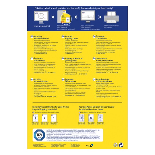 Slika prikazuje vodič na više jezika za Avery reciklirane naljepnice, pružajući korake za dizajniranje, ispisivanje i savjete za optimalno korištenje, uključujući različite formate naljepnica i informacije na različitim jezicima.