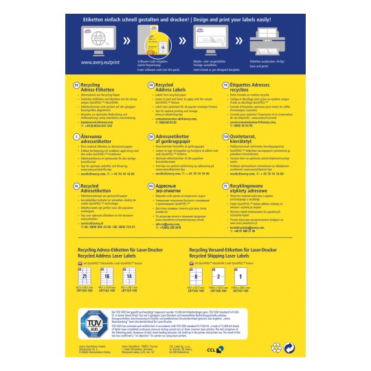 Slika je promotivni letak za reciklirane adrese naljepnice i naljepnice za otpremu od Averyja, s detaljima o njihovim značajkama i uputama za ispis na više jezika.